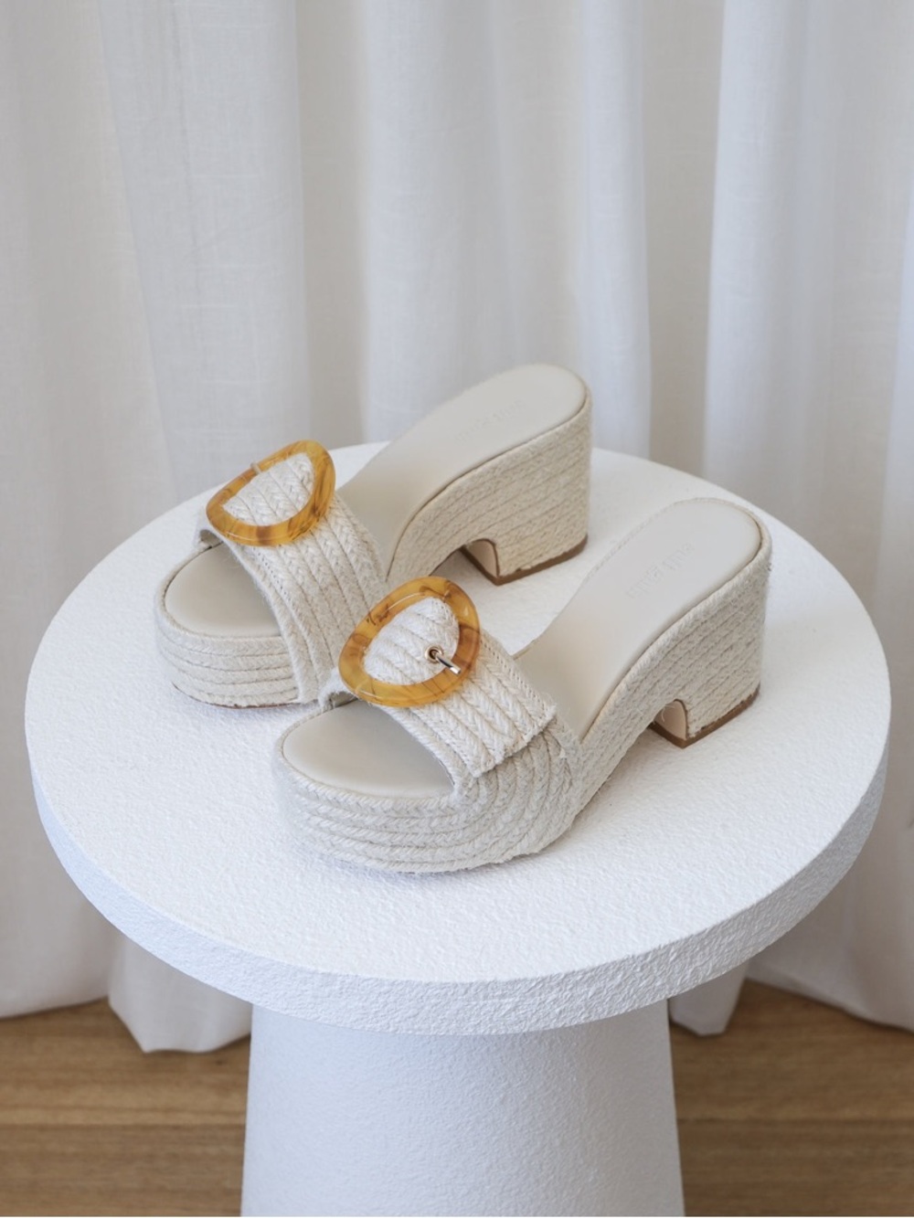 cult gaia Cream Woven Platform Slide Heels with Amber Buckle